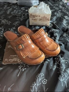 Candie's Tan Leather Fringe Mule Clogs